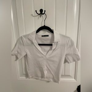Zara White Collared Polo Crop Top Size Small